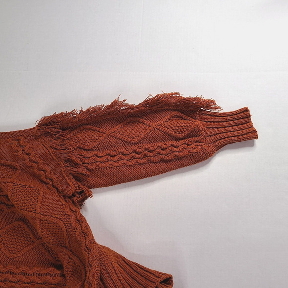 ANA Cable Knit Sweater Petite Small Bishop Sleeve Rust Orange Fringe Bohemian - Picture 6 of 13